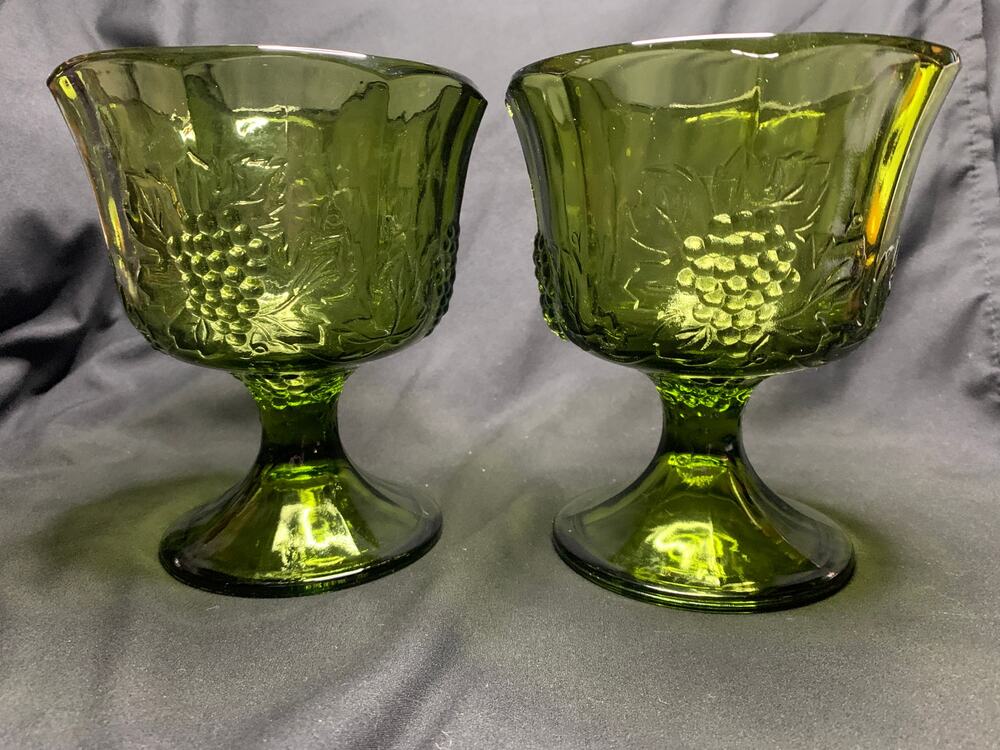 Vintage Indiana Glass Harvest Grape Olive Green Footed Sherbet Bowls Set 2